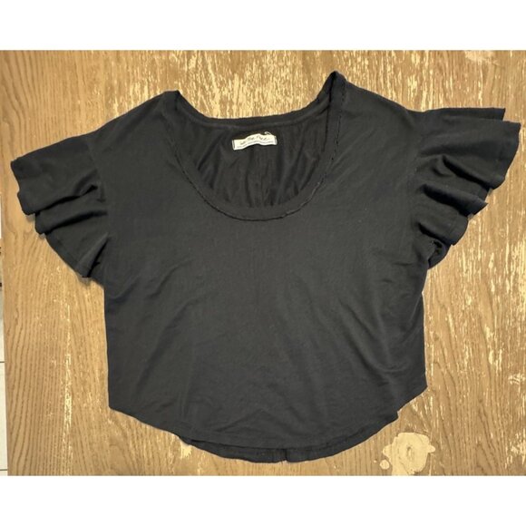 We The Free People XS Black Round Hem Flutter Sleeve Scoop Round Hem T-Shirt - Picture 1 of 9